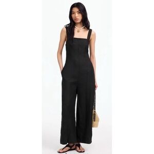 Madewell Squareneck Wide-Leg Jumpsuit in 100% Linen Jet Black‎ Size 12